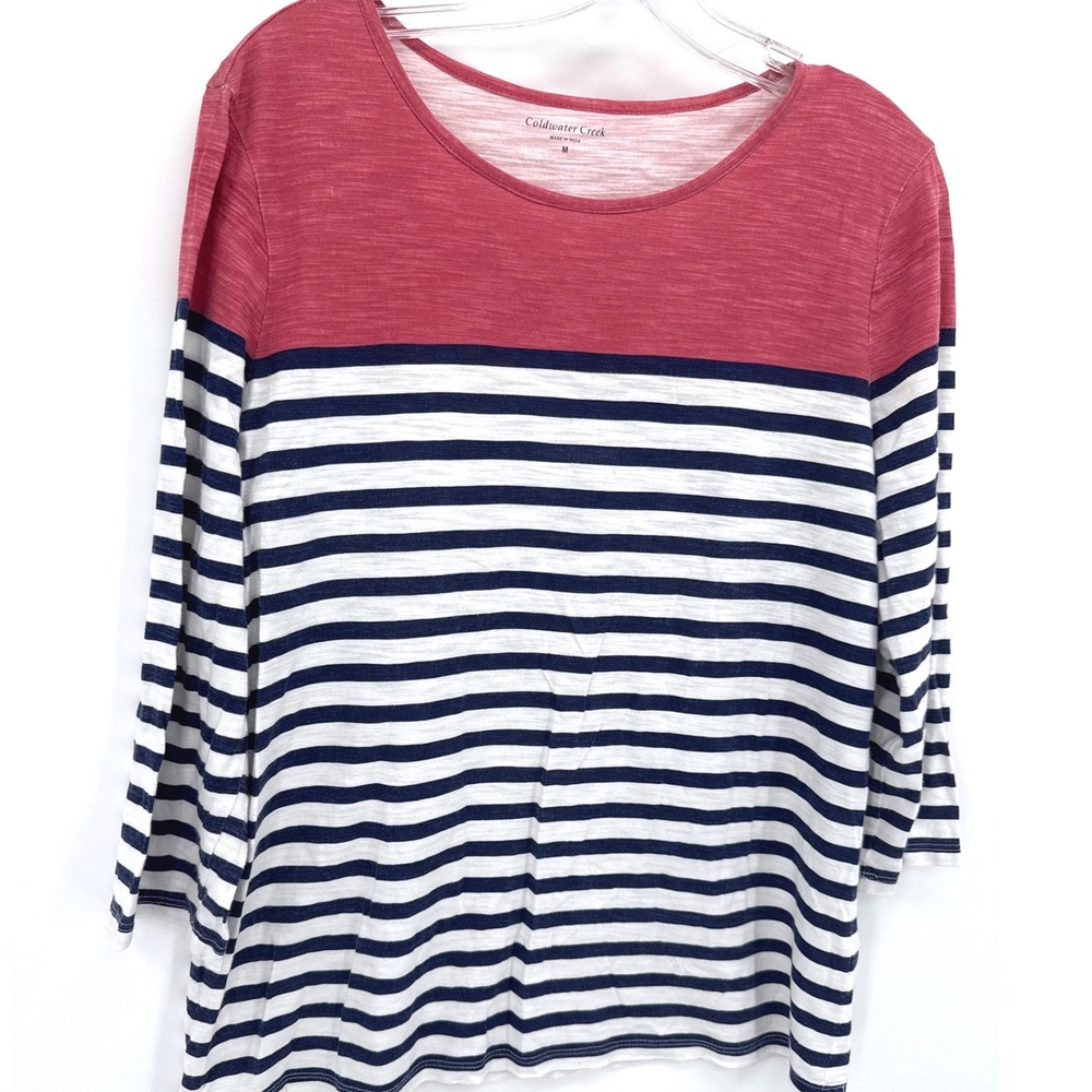 Nautical Coastal Top Medium Red White Blue Striped 3/4 Sleeve 4th of July Shirt - Picture 2 of 7